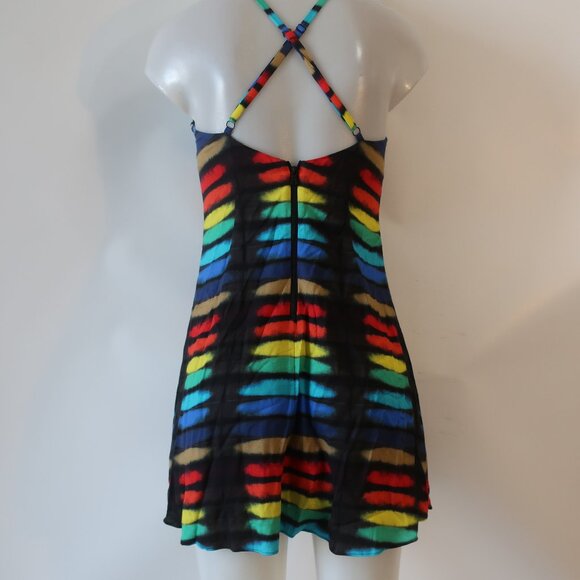 Women Alice + Olivia Rainbow Print Block Tie Dye Strappy Mini Dress 4 - Picture 8 of 10